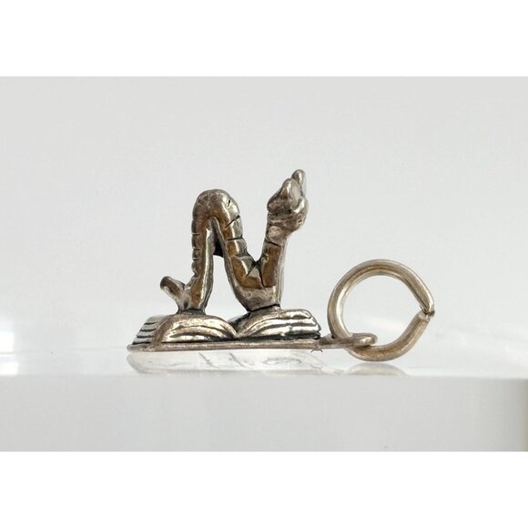 Bookworm Shaped Hand Carved Sterling Silver 925 Vintage Pendant | Charm - Picture 1 of 8